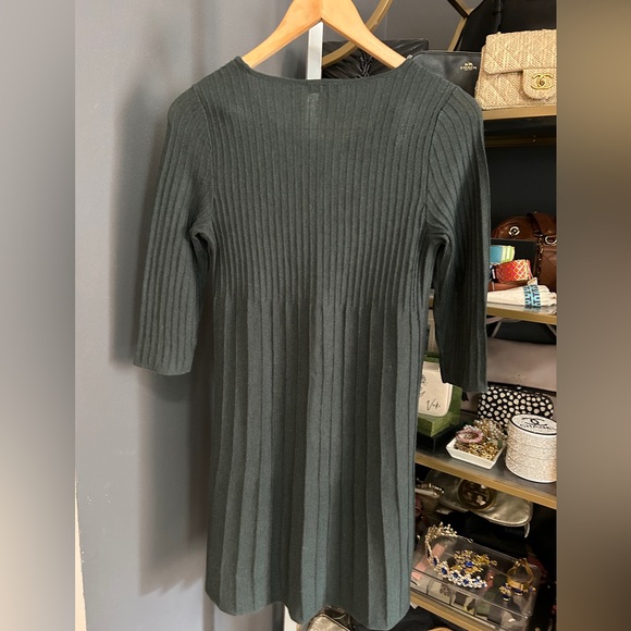 FLAW Eileen Fisher Petite 100% Wool Ribbed Dress 3/4 Sleeve Forest Green - Picture 3 of 9